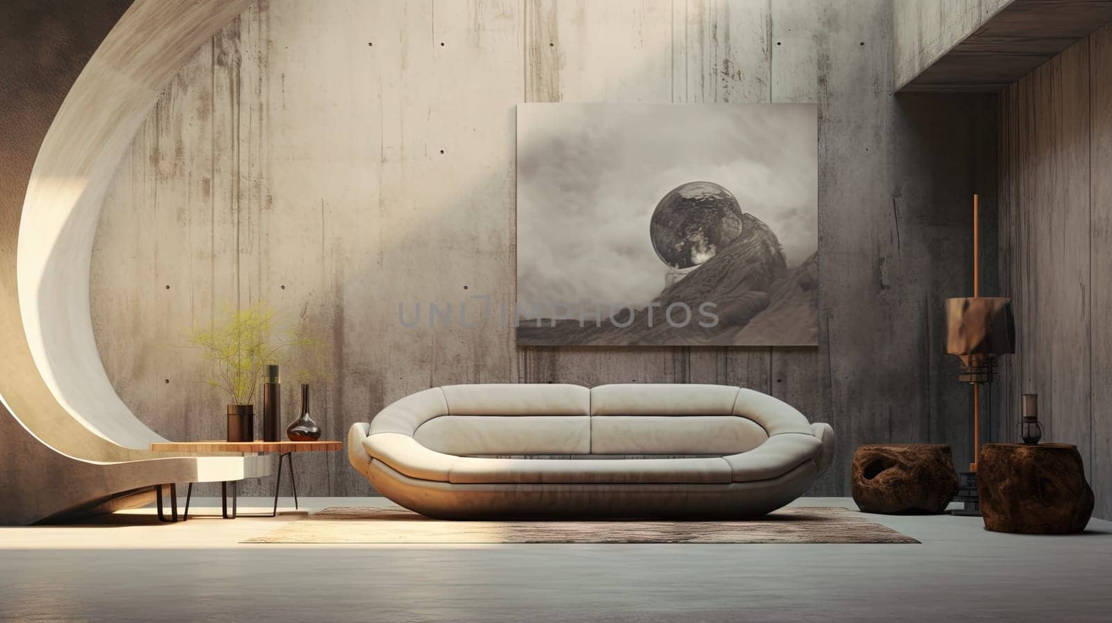 Loft interior with sofa in modern design. Couch in the contemporary room with concrete walls. Generated AI