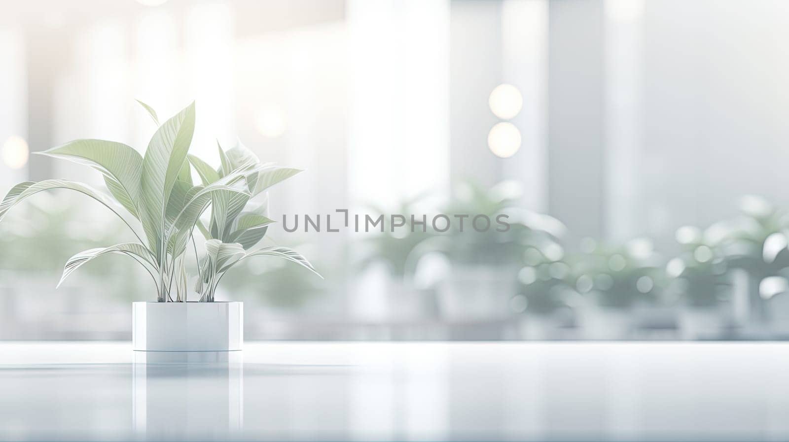 White office space with green plant. Greenery in the clean and bright corporate workspace. Generated AI