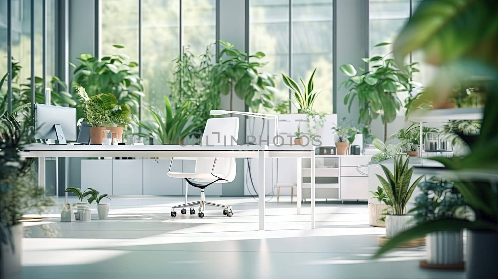 White office interior with green plants. Greenery in the clean and bright corporate workspace. Generated AI.