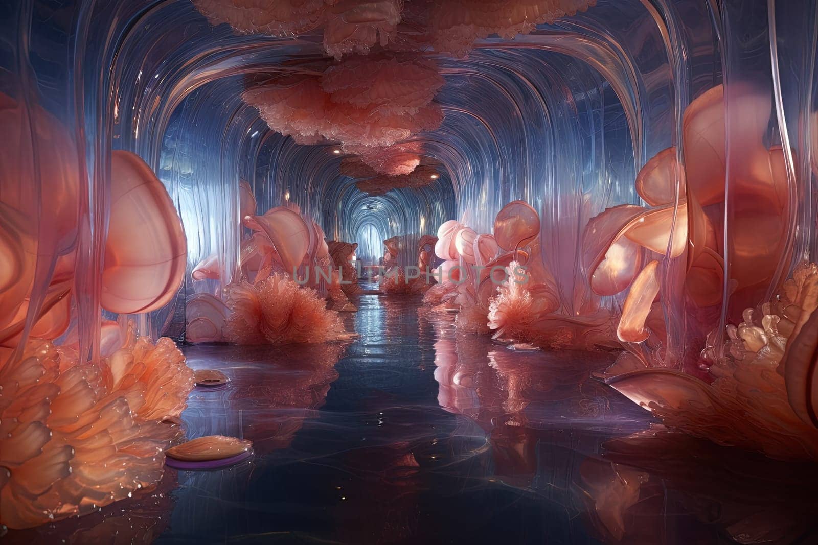 Surreal sci-fi interior of grown house. Bio technology science fiction room. Generated AI