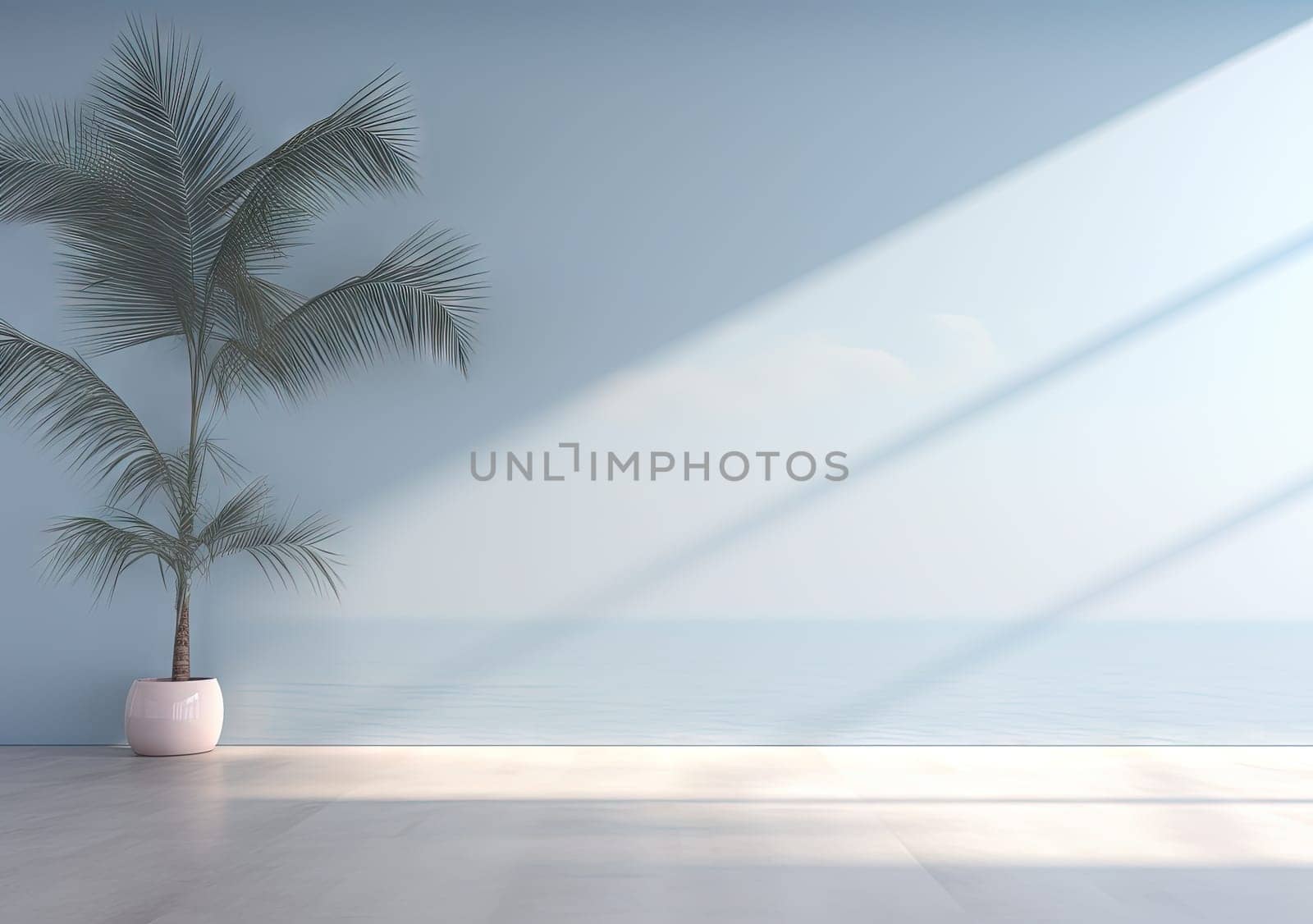 Interior designed in minimalism with palm tree, natural light, and modern style, creating clean and serene space. Generated AI