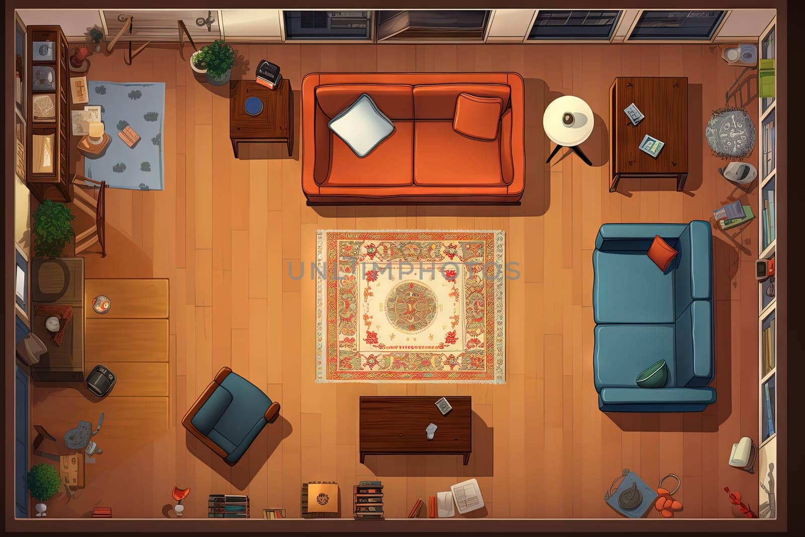 Living room with desk, sofa and other furniture view from above. Casual interior top view. Generated AI
