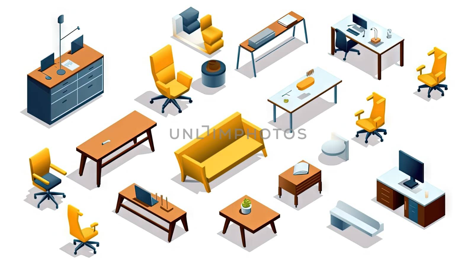 Set of isometric office furniture with desk and chair icons. Generated AI