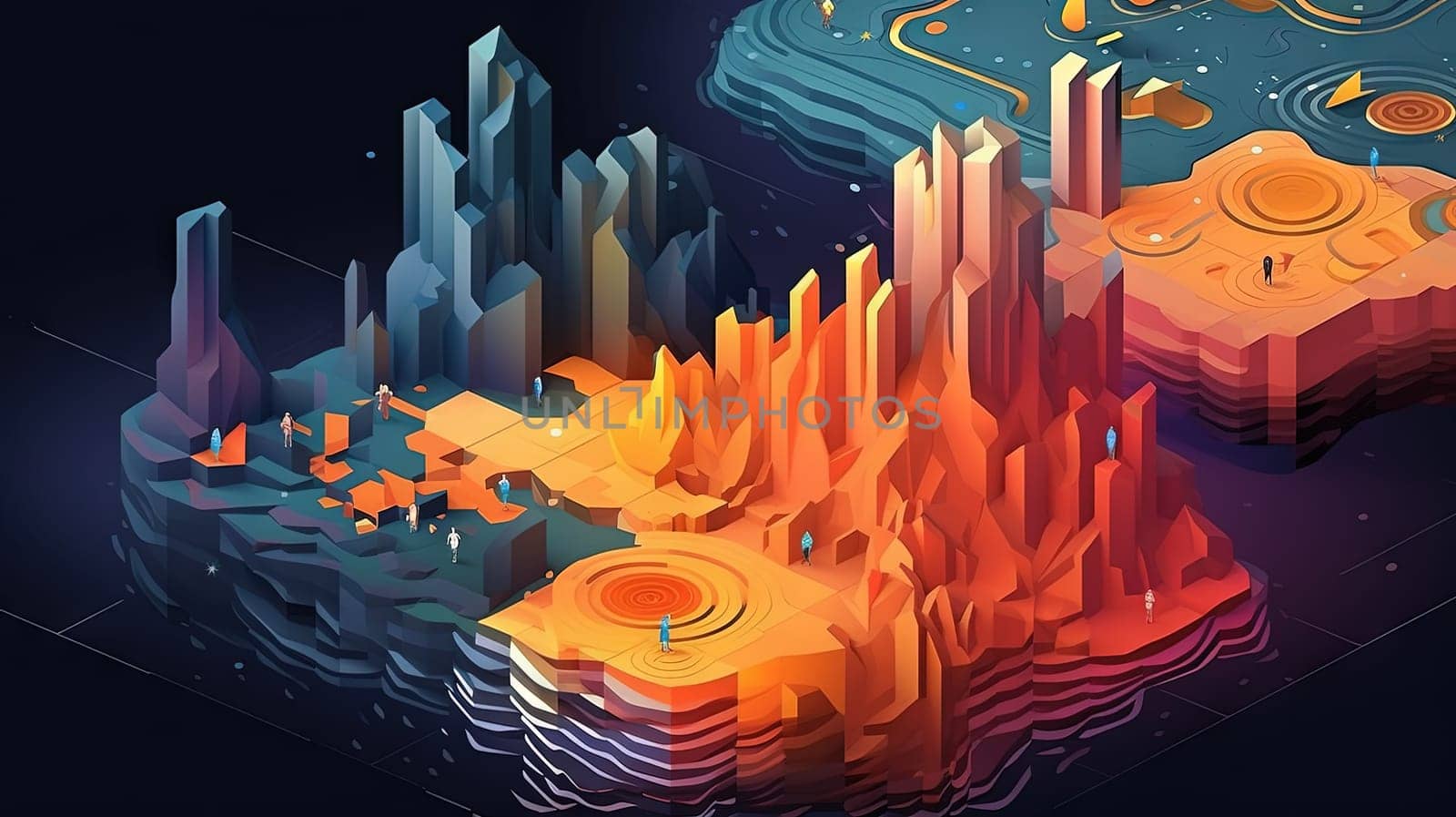 Abstract virtual isometric terrain with mountains. Slice of topographic ground with peaks. Generated AI
