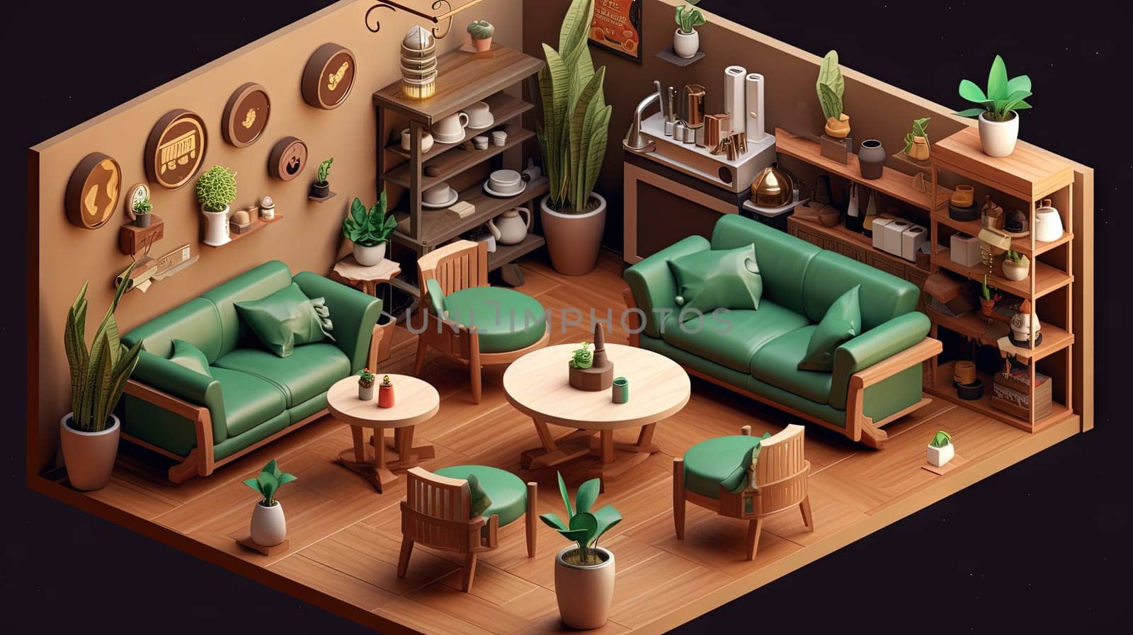 Vibrant lounge room with modern furniture, bookshelves and greenery. Isometric living room interior. Generated AI