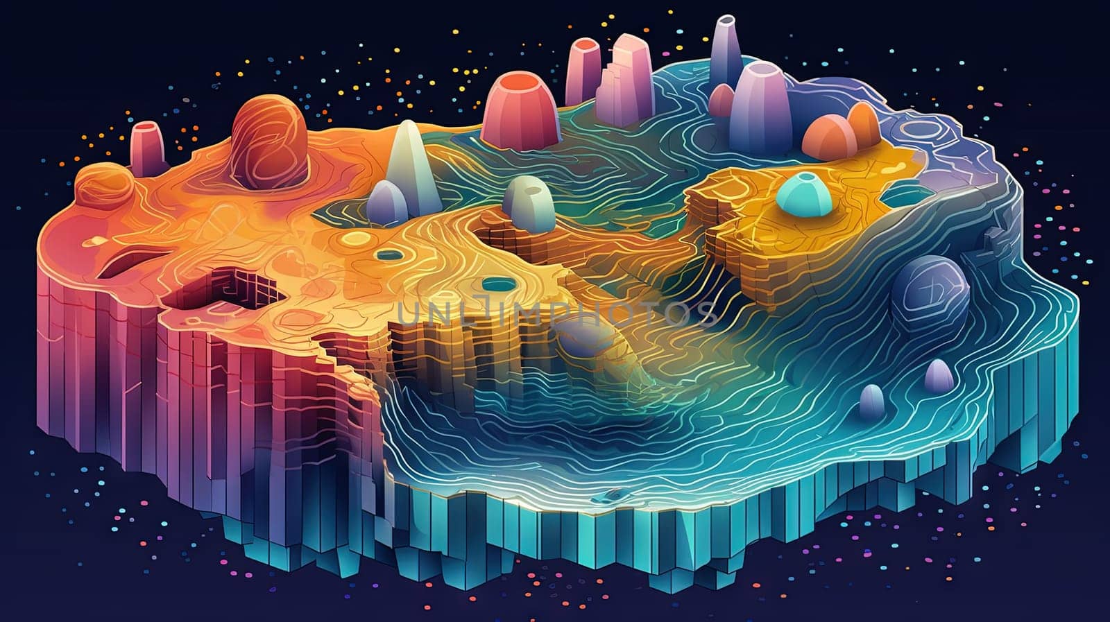 Abstract virtual isometric terrain with mountains. Slice of topographic ground with peaks. Generated AI