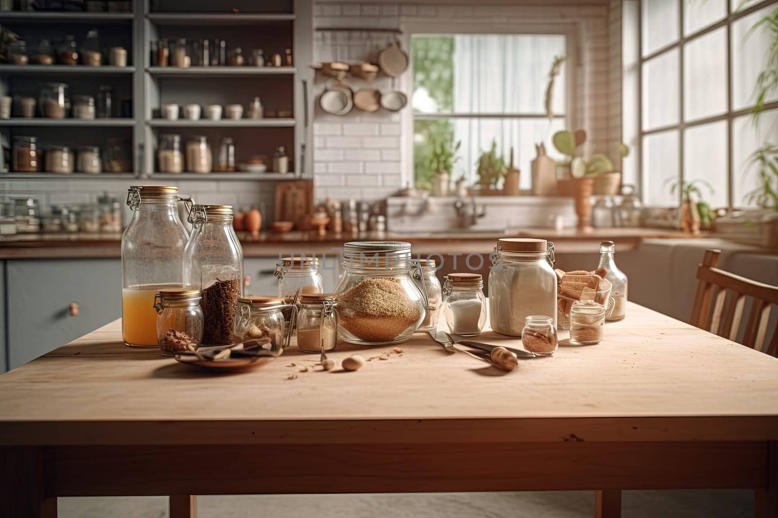Kitchen table with food ready for cooking in the sunny room with window. Bright kitchen interior. Generated AI
