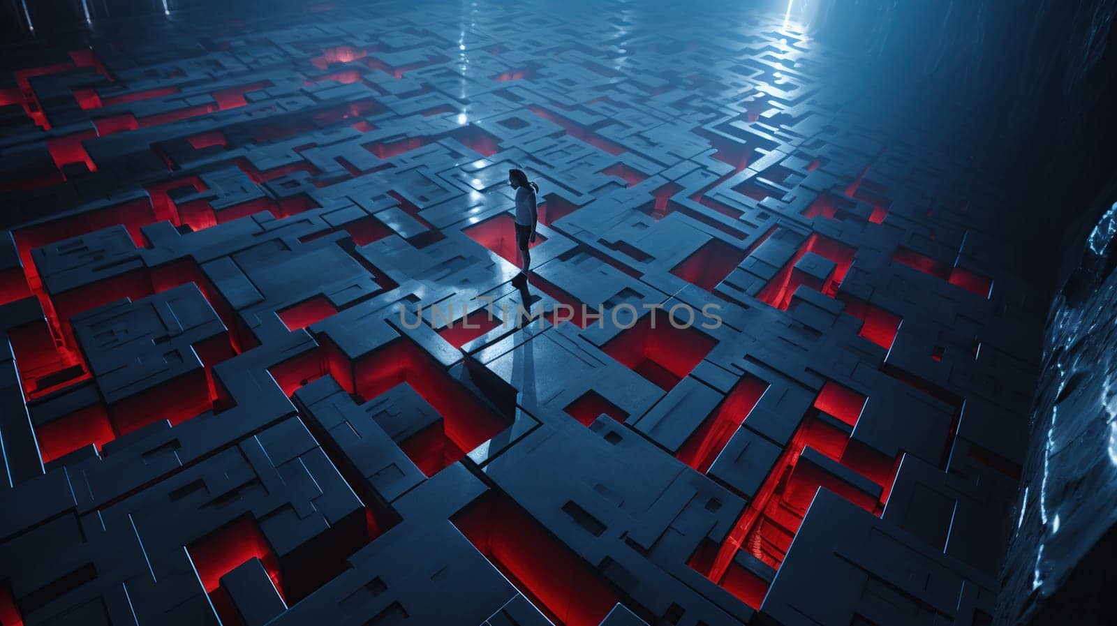 Alien base interior with laser labyrinth in 80s sci-fi action style. Generated AI