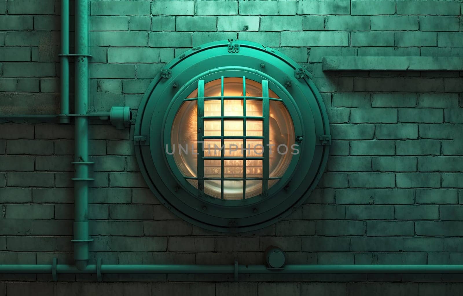 Lamp on the wall in mysterious green light. Retro or steampunk lamp on the urban wall. Generated AI