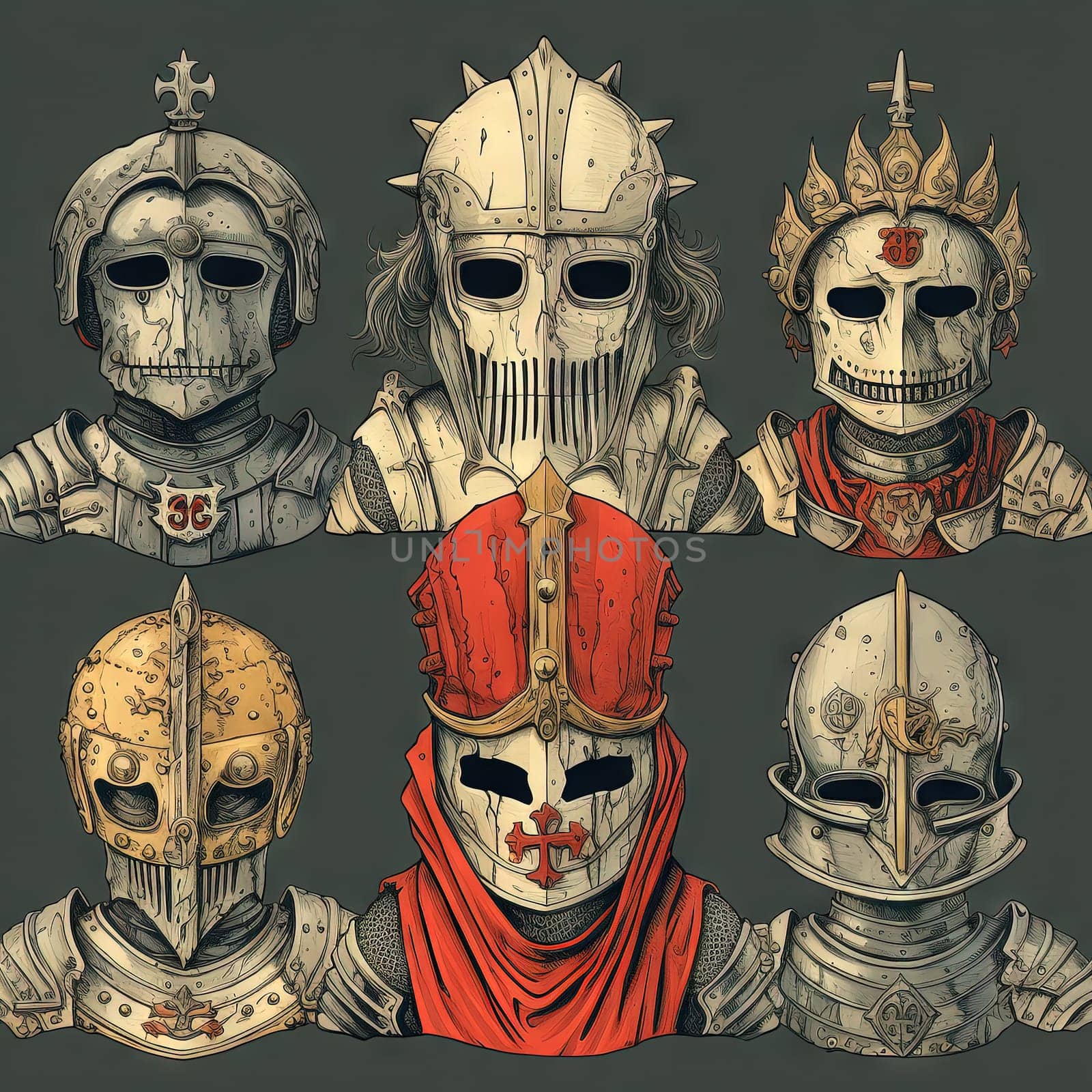 Mystic knight portraits set in metal armor. Occult scary knights in medieval alchemy art style. Generated AI