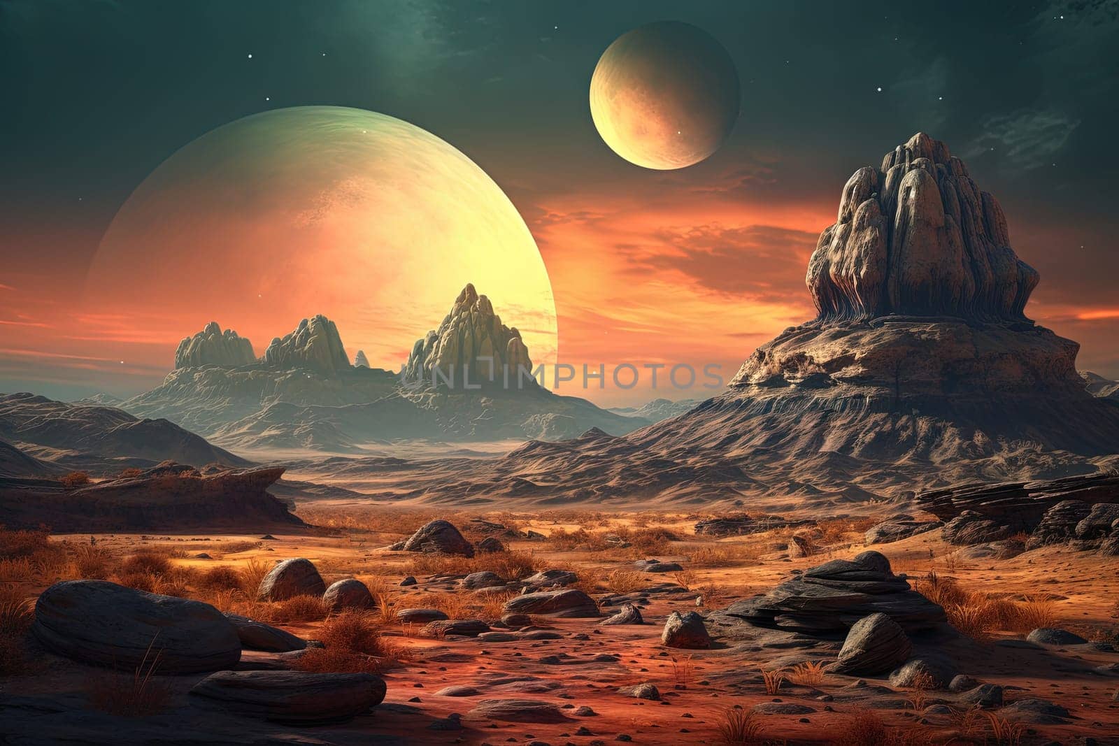 Alien planet landscape with mountains and moon over horizon in retro style. Generated AI