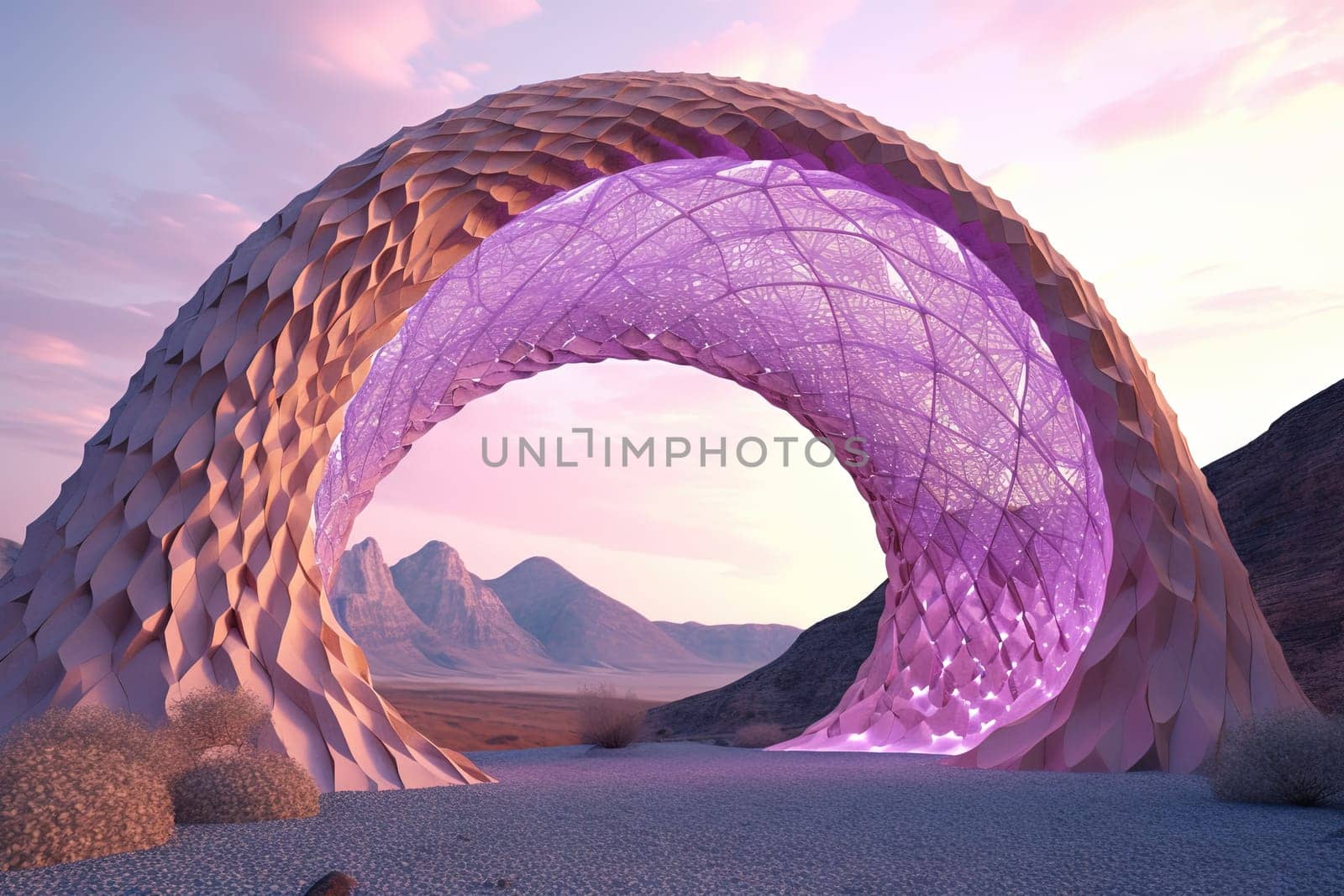 Surreal crystal gate or arc. Fictional architecture or sci-fi object in the desert. Generated AI