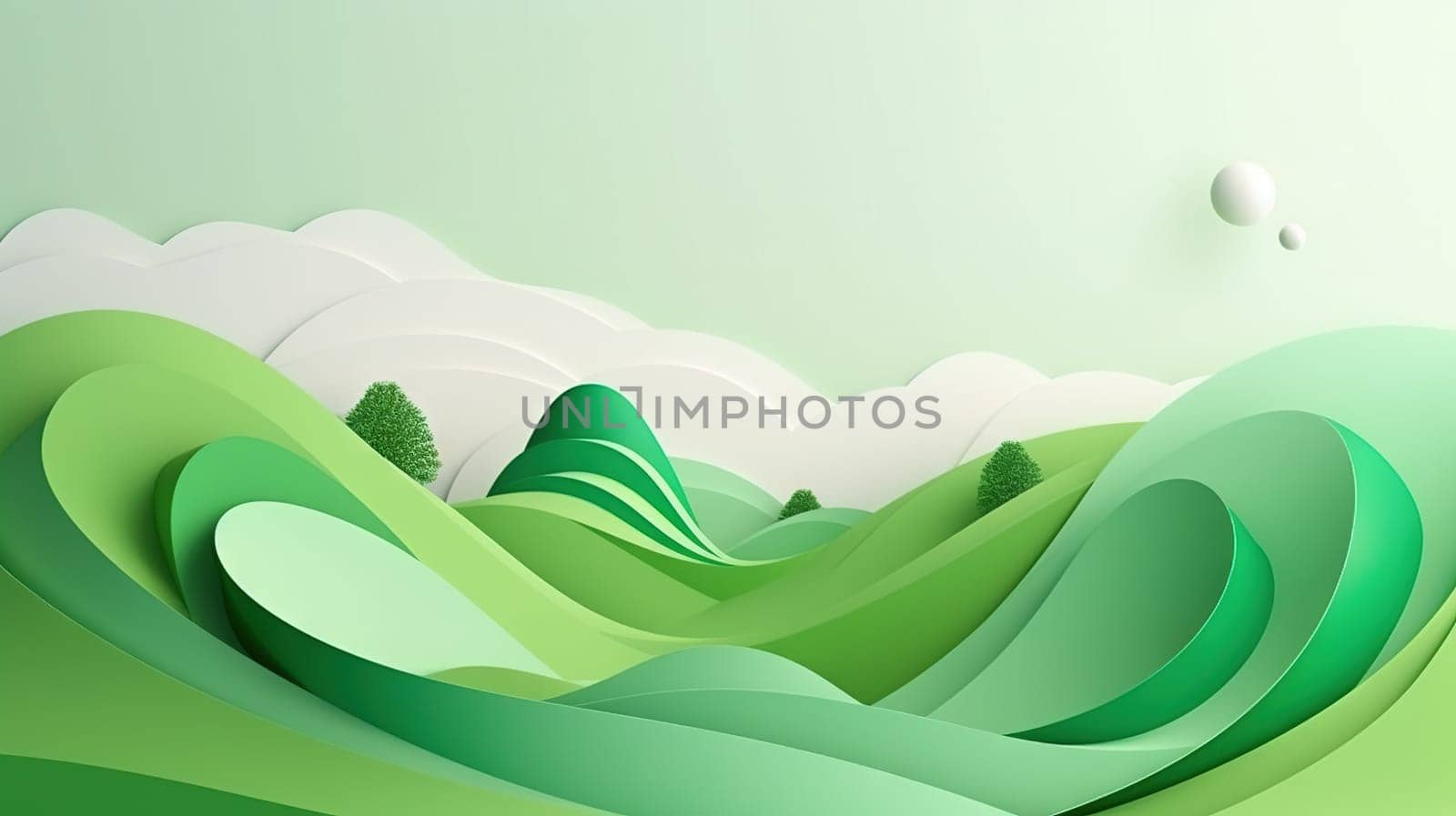 Green paper cut landscape with hills and mountain curves. Generated AI