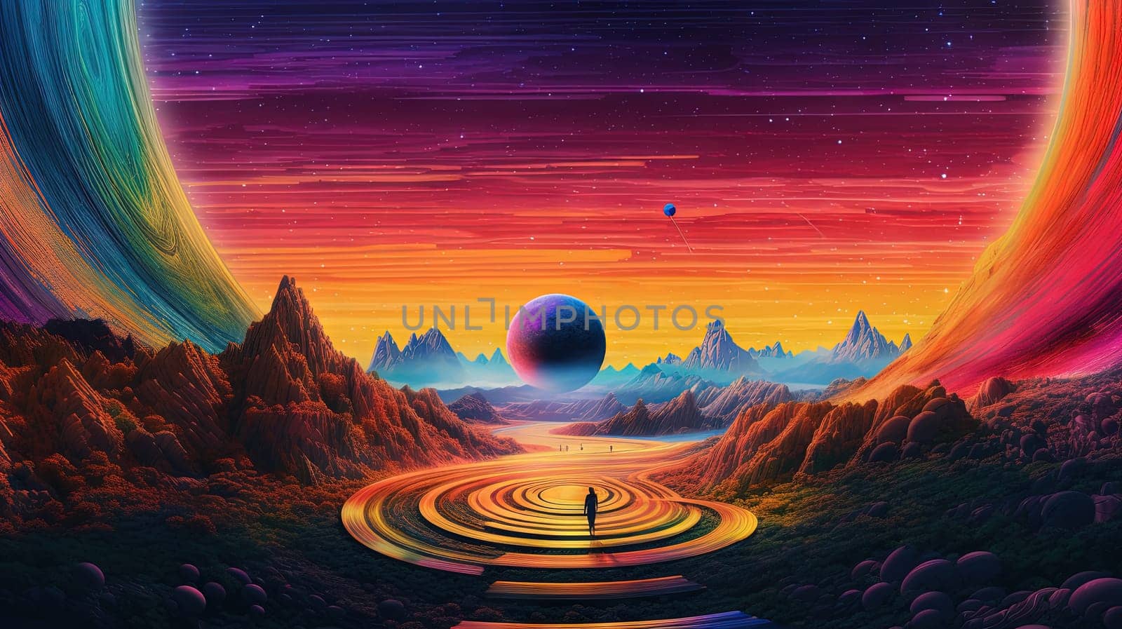 Fantasy landscape of a sci-fi planet with mountains and a road with mystic sphere. Generated AI.