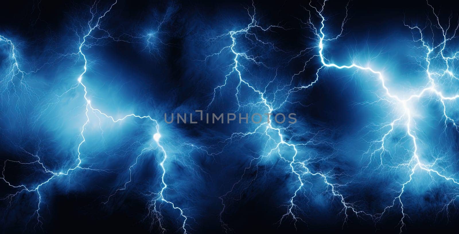 Shiny lightnings composition on the dark background. Abstract energy strike ornament in the thunderstorm. Generated AI