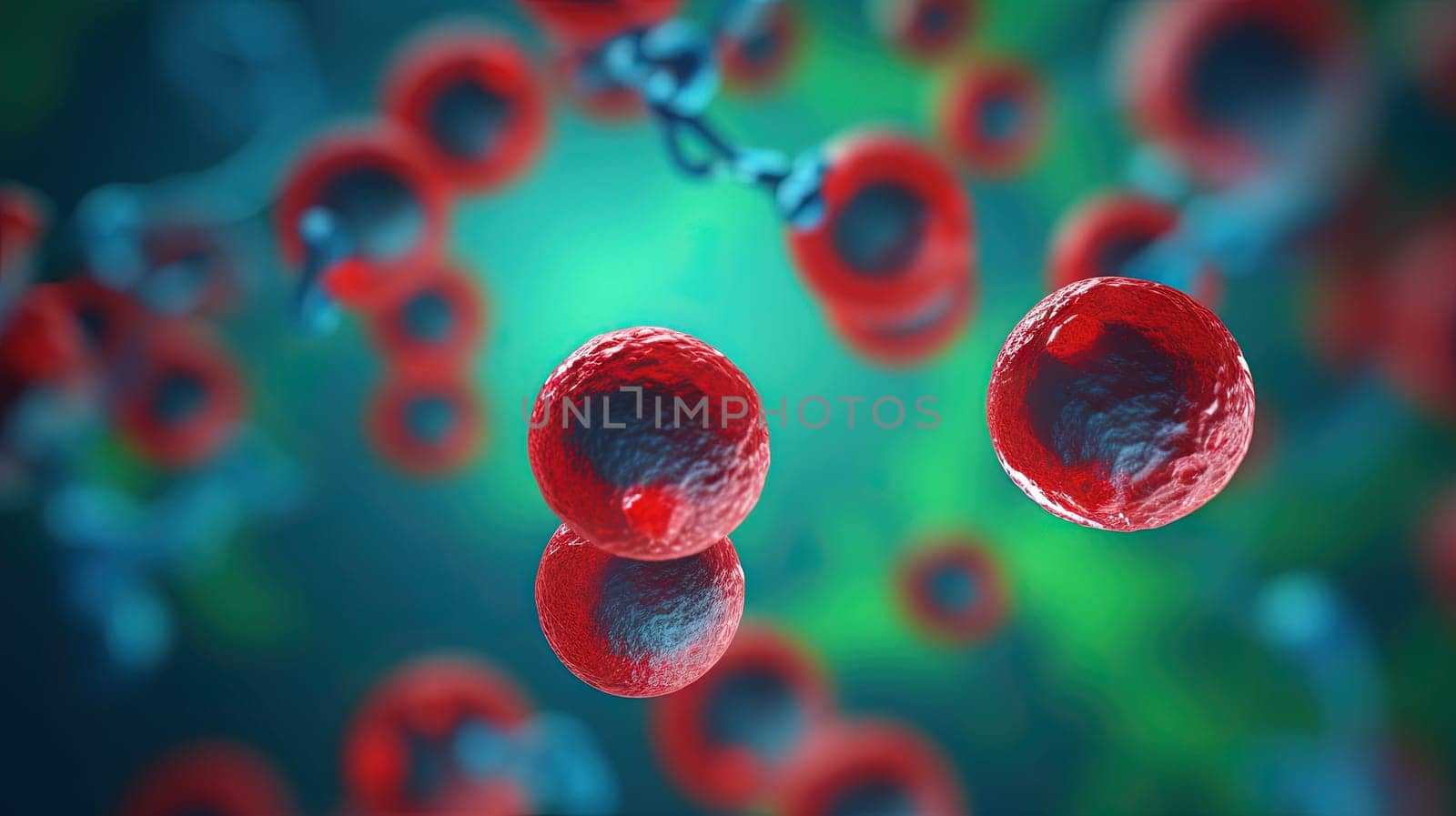 Red blood cells flowing on green background in scientific abstraction. Health and medicine concept. Generated AI