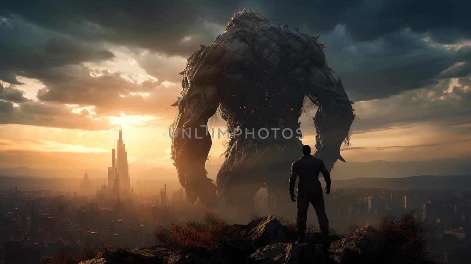 Giant monster over the destroyed city. Mythical giant attack. Generated AI