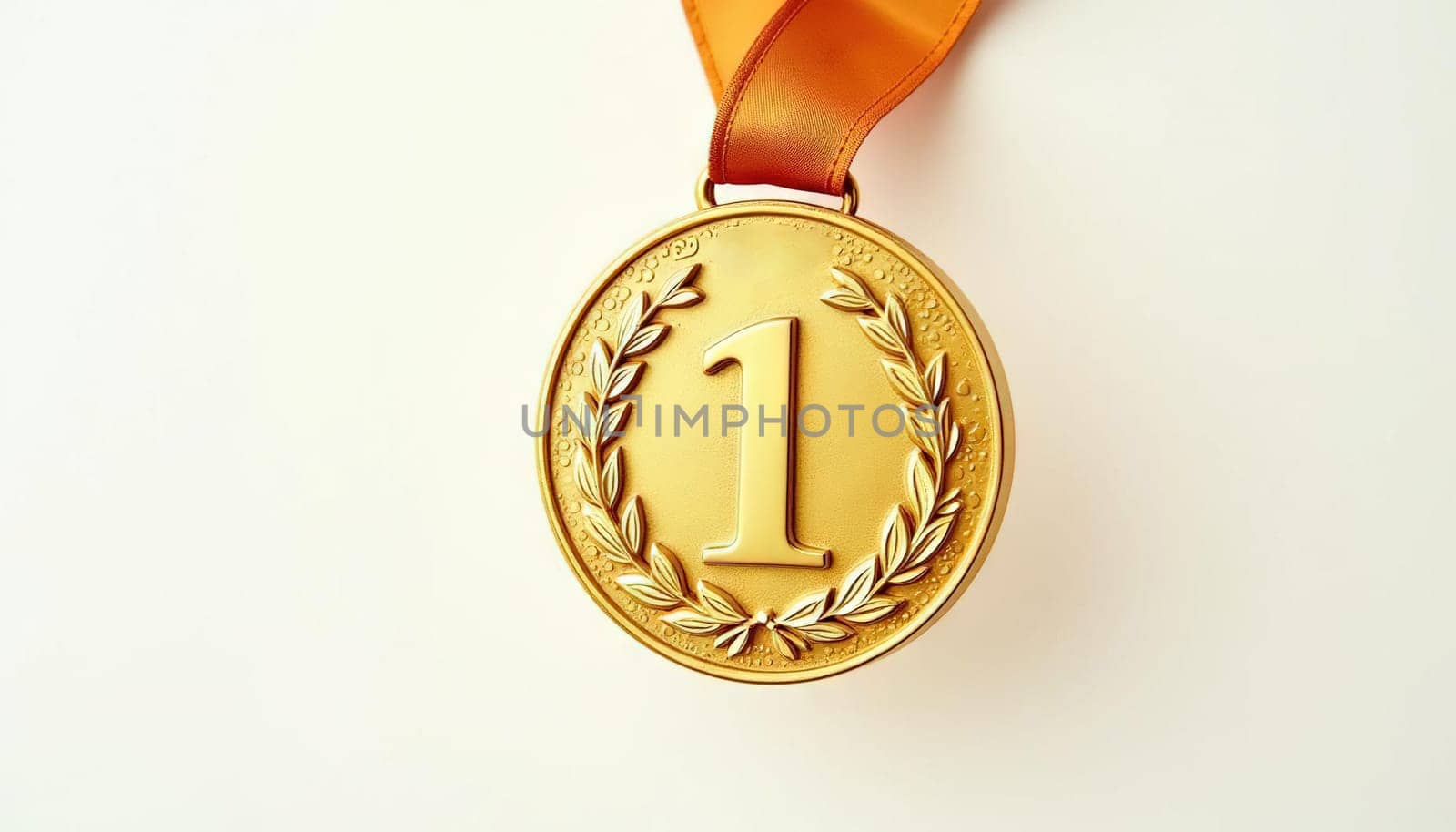 Golden first place medal with laurel wreath detail and ribbon. Generated AI.
