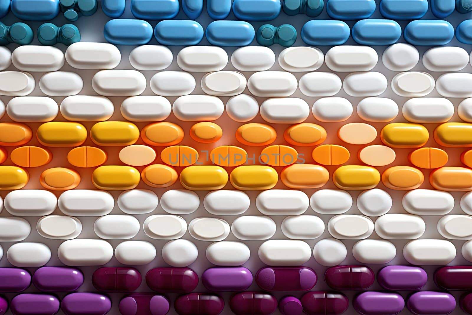 Background with pills and capsules ordered in rows or pattern. Medical drug or dietary supplement concept. Generated AI