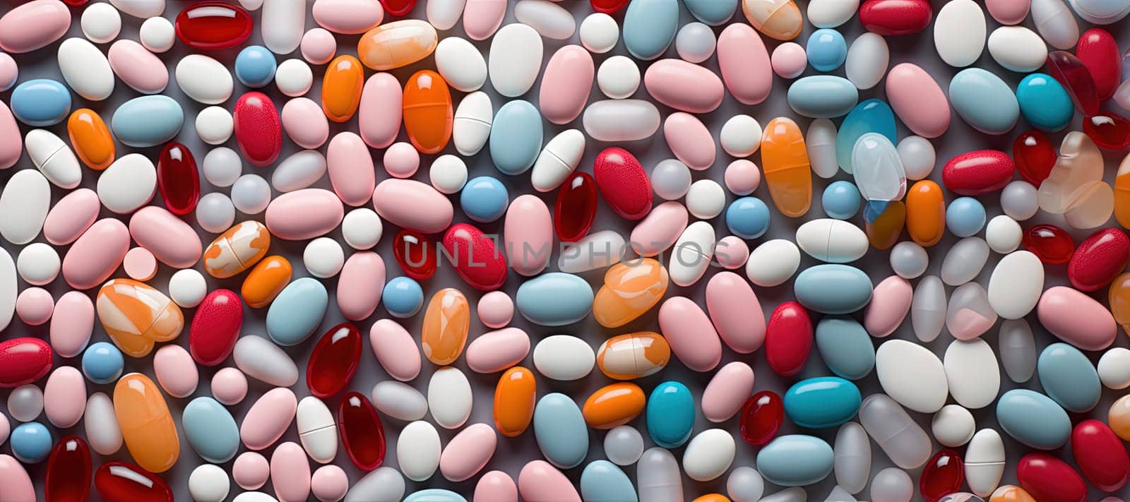 Background with pills and capsules in random ordered heap. Medical drug or dietary supplement concept. Generated AI.