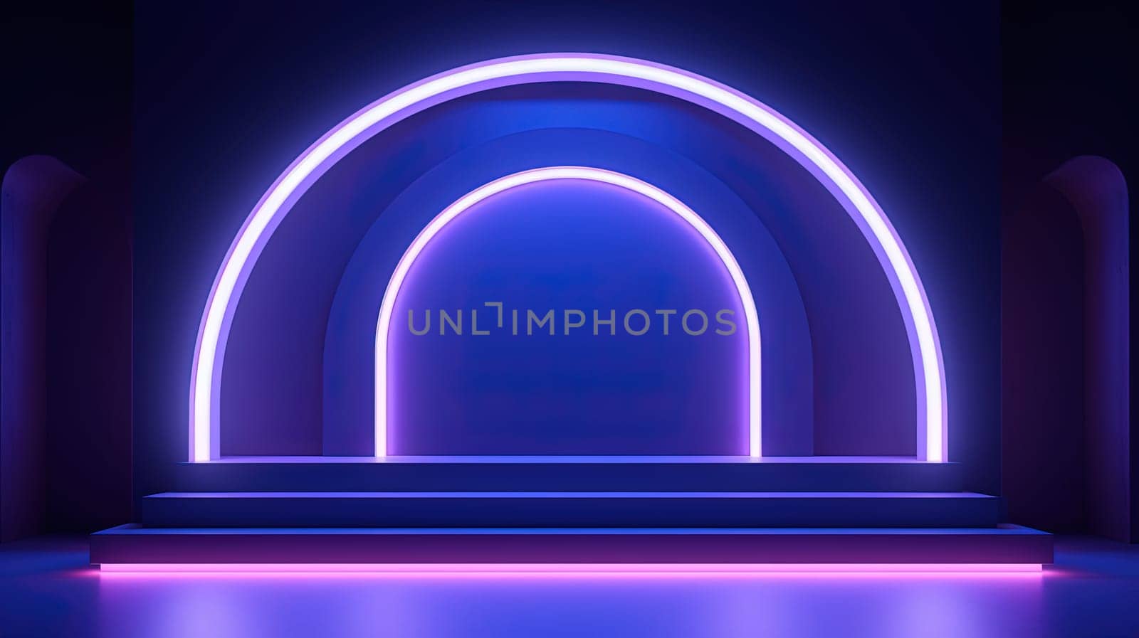 Neon arc in blue and purple lights room. Abstract background for product display. Generated AI