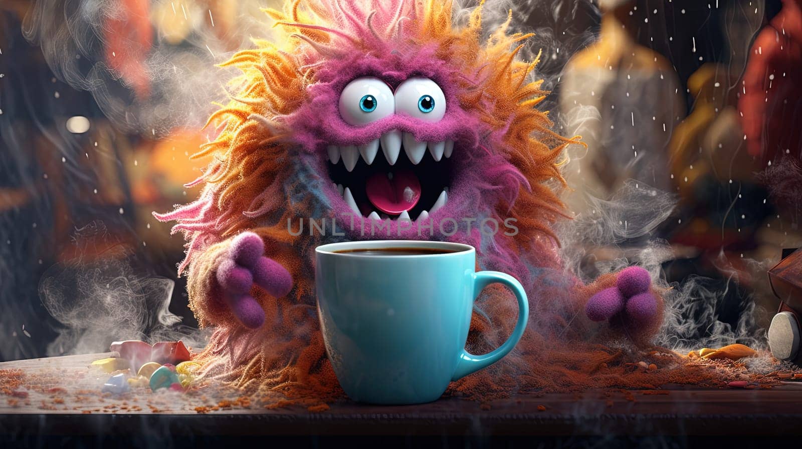 Coffee monster with crazy eyes. Cute character with caffeine energy, very excited. Generated AI