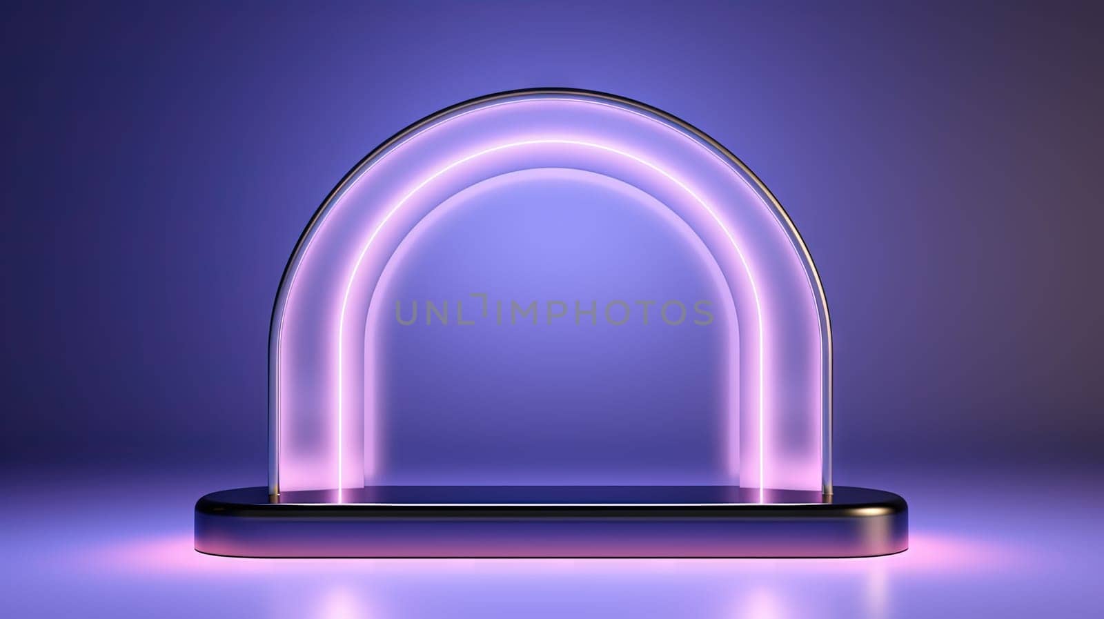 Neon arc in blue and purple lights room. Abstract background for product display. Generated AI