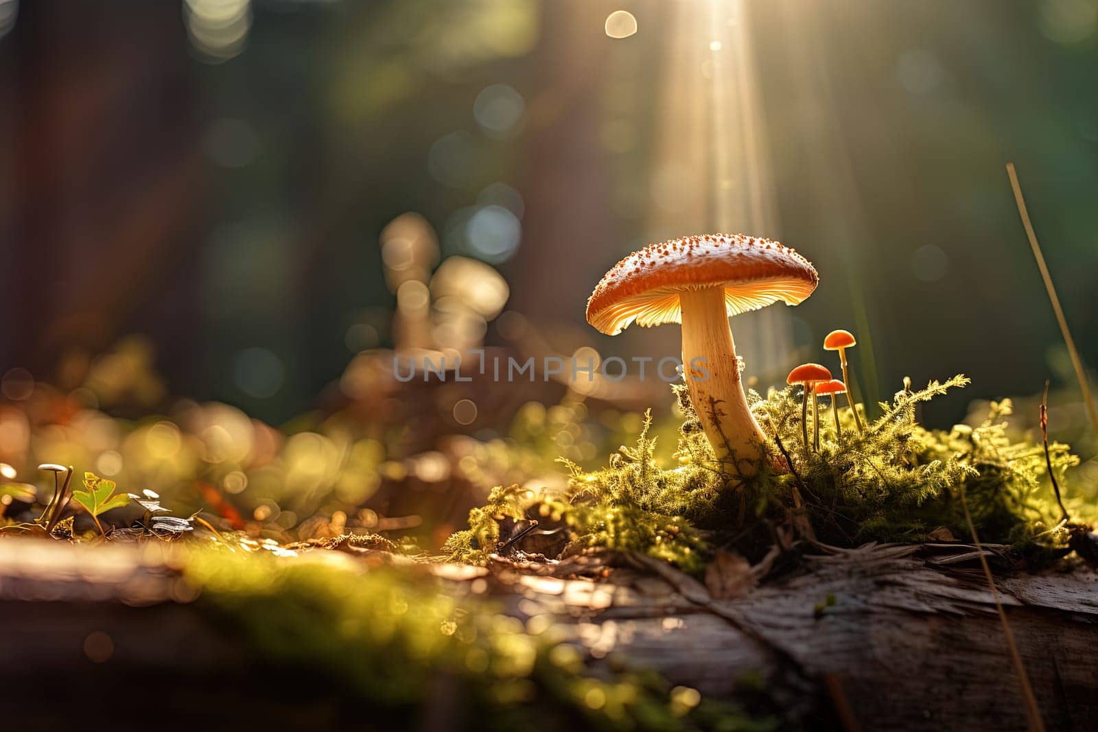 Beautiful mushroom on the sunny bump. Fairytale background with mystic mushroom. Generated AI