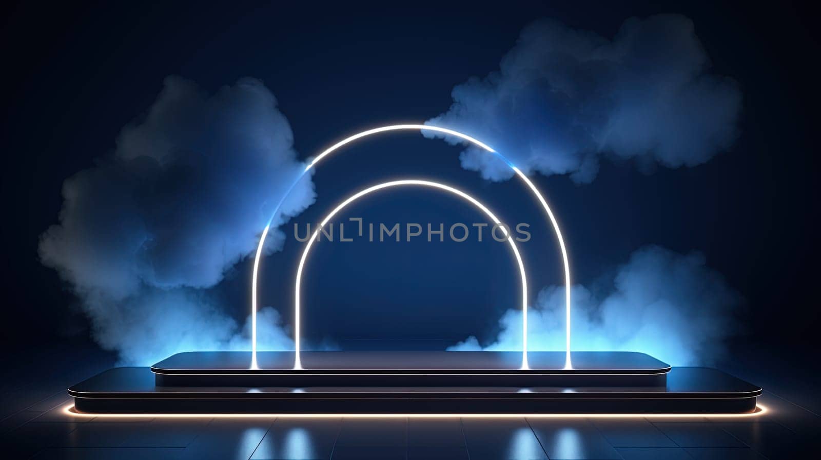 Neon arch in dark blue lights room with clouds. Abstract background for party stage or product display. Generated AI