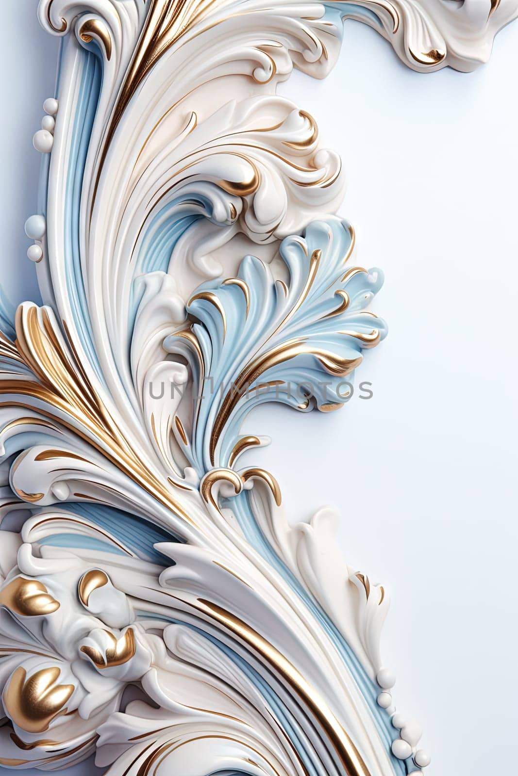 Ornament or element of art nouveau ceramic foliage frame corner. Close up luxury decoration with stylized leaves. Generated AI