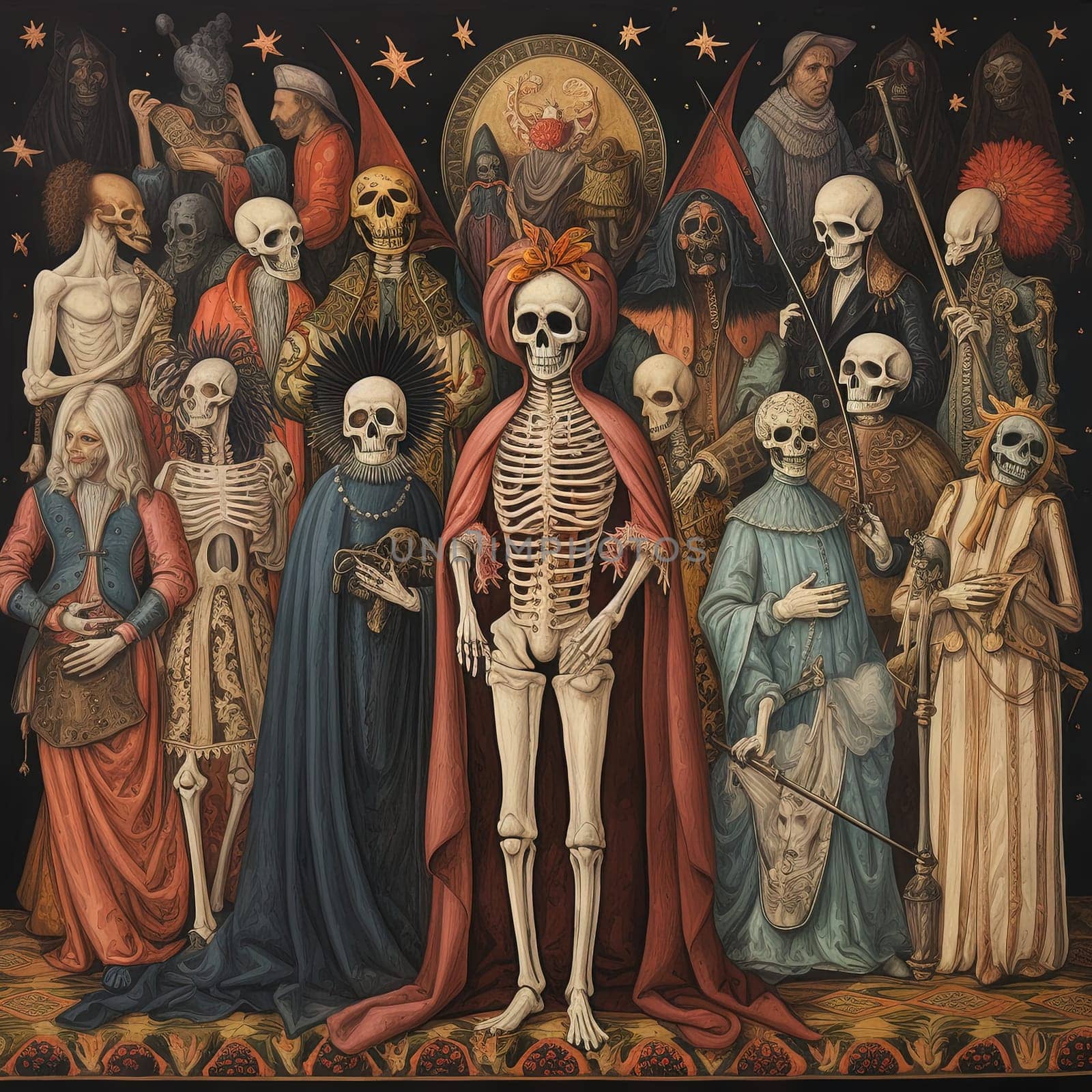 Medieval styled occult art with skeleton and monsters. Ancient icon or old book illustration with mystic religious scene. Generated AI