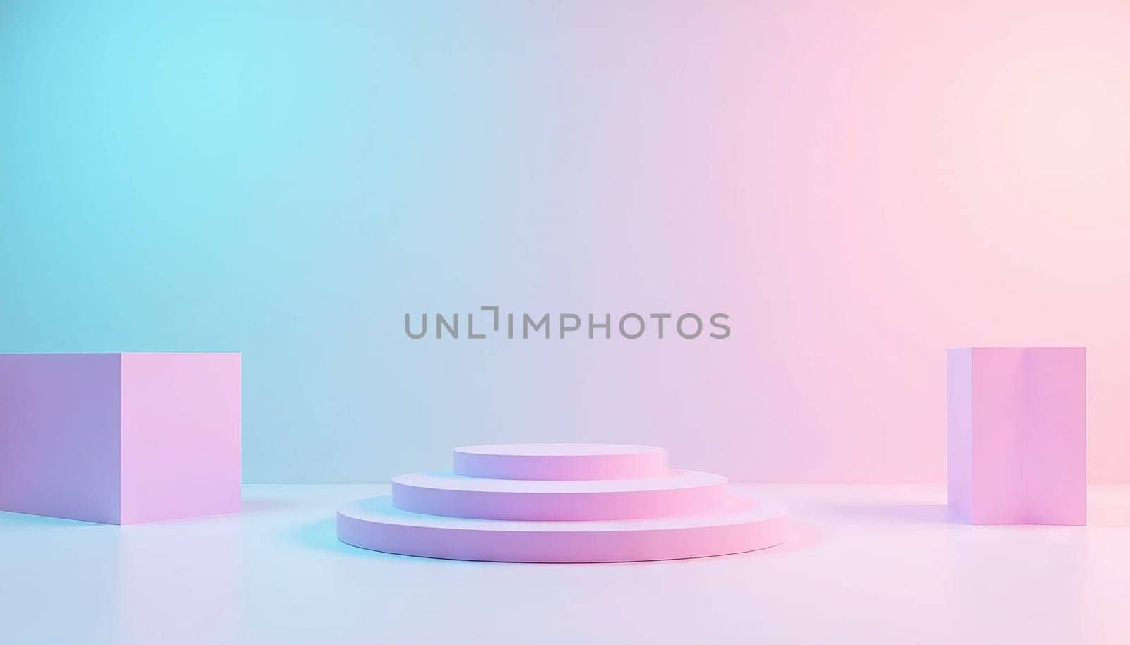 Minimalist pastel podium with soft pink and blue lighting, holographic empty showcase platform for product display. Generated AI.