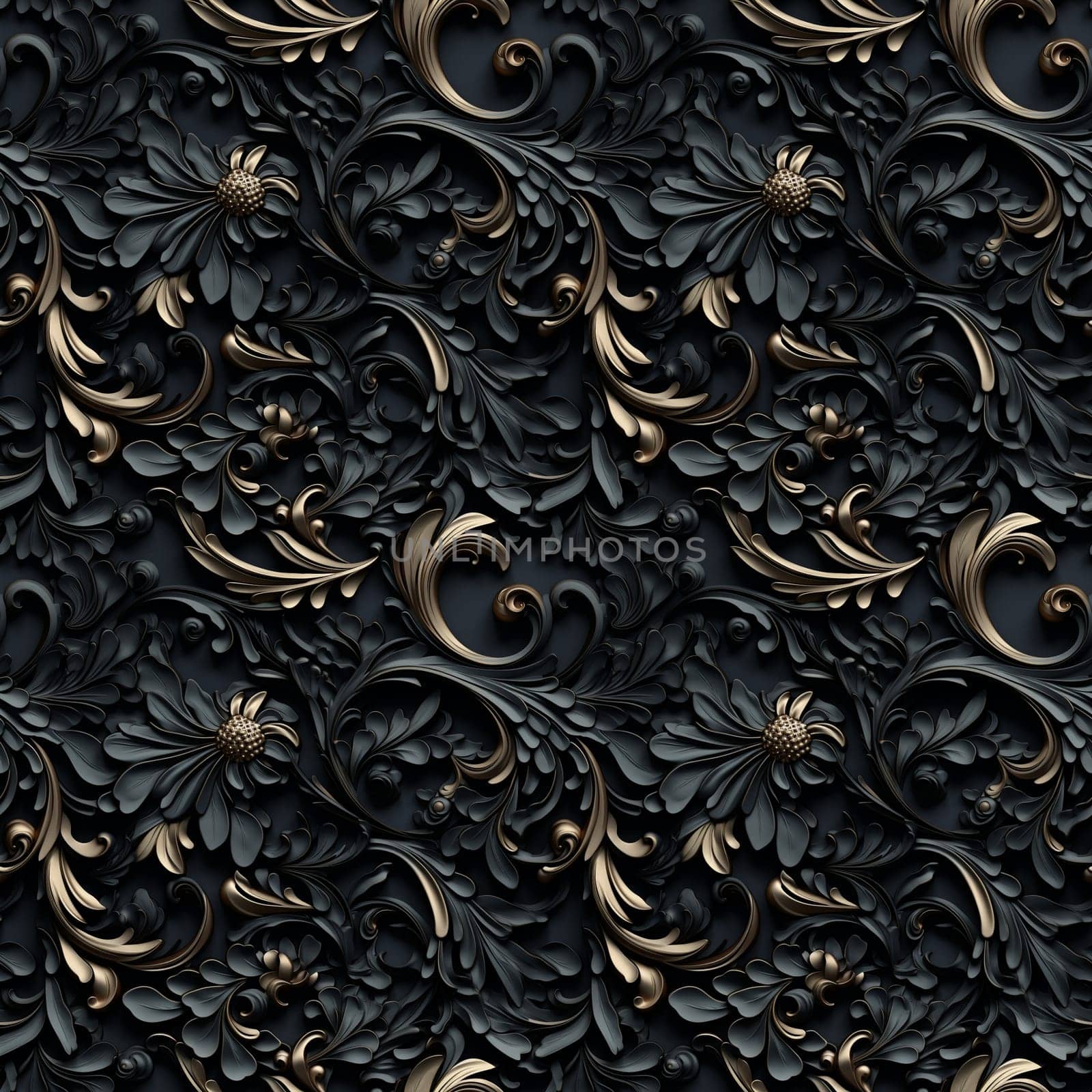 Black and white seamless pattern with classic flower and foliage ornament. Seamless texture background. Generated AI