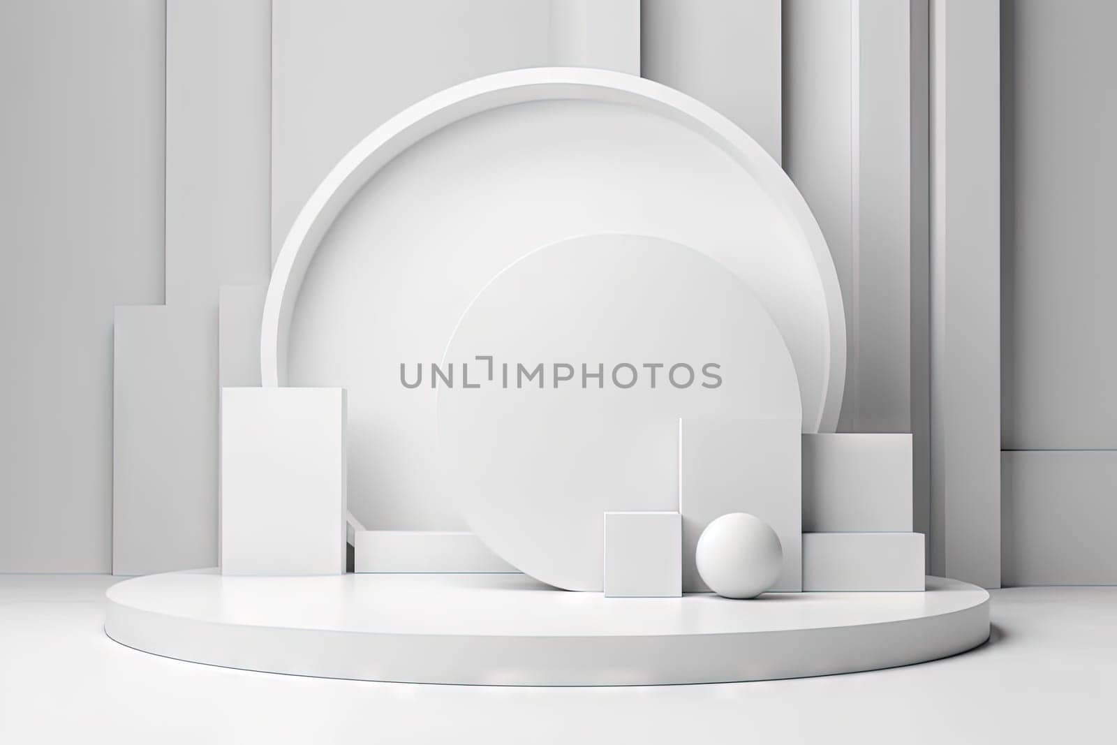 Pedestal in the room in white color with geometric shapes. Podium for product showcase with geometric decoration. Generated AI