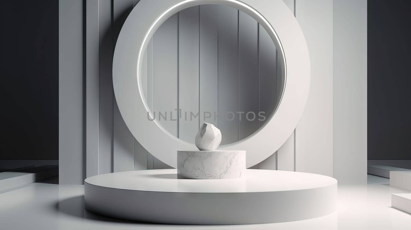 Abstract ancient pedestal in minimalistic room. Interior with sone podium. Generated AI