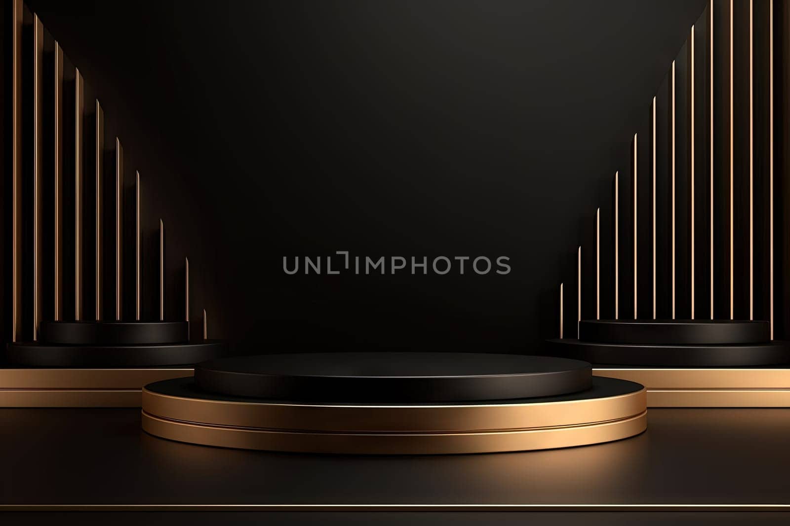 Pedestal in the room in black and gold colors with geometric shapes. Podium for product showcase with golden geometry. Generated AI
