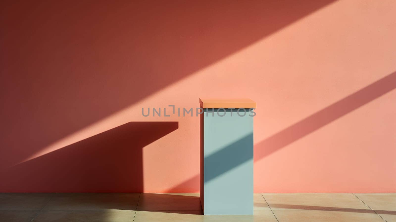 Pedestal in colorful room with shadows on the wall. Rich colored podium scene for product display. Generated AI