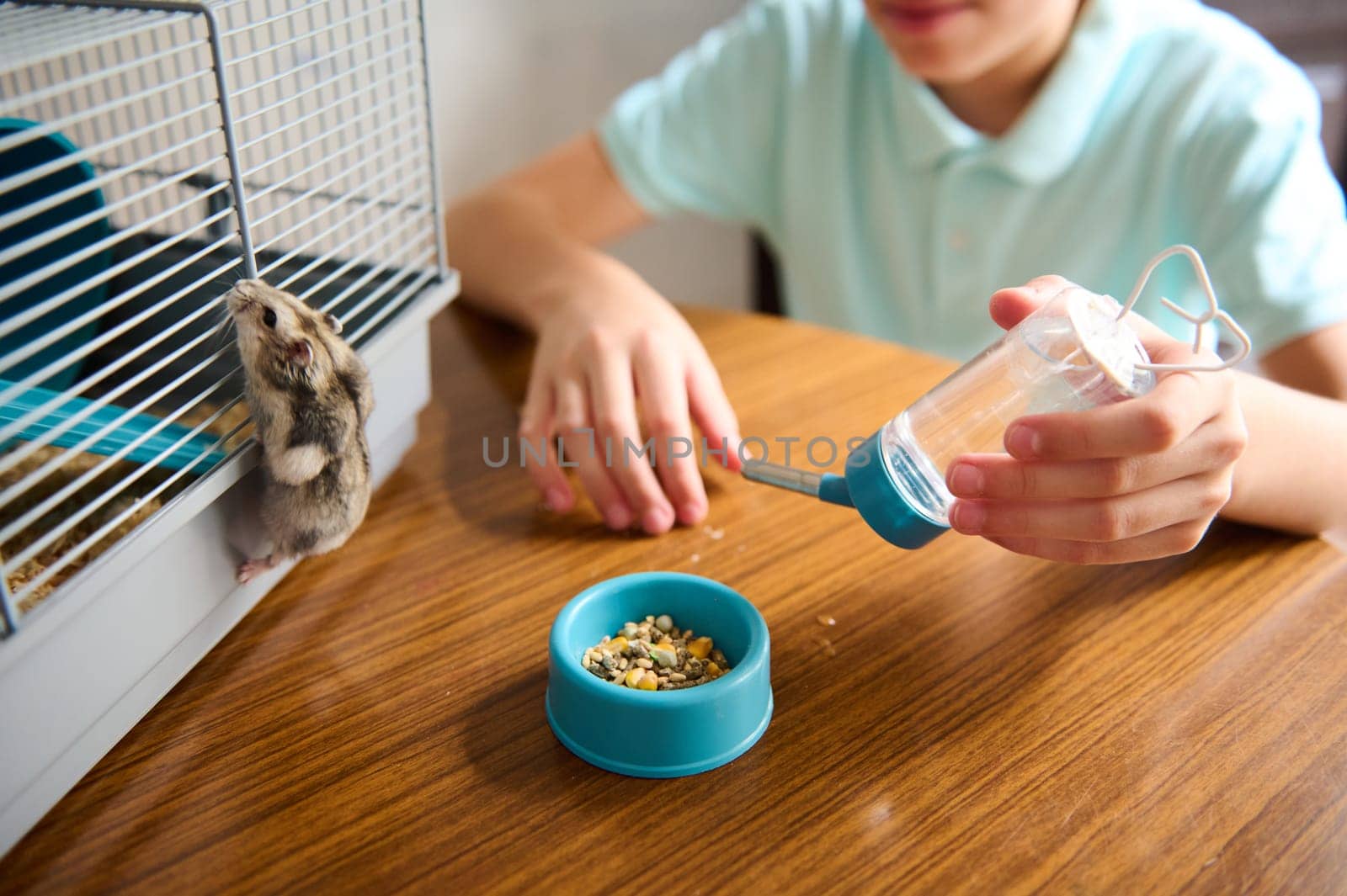 A child refills a water bottle and interacts with their pet hamster, providing food and care.