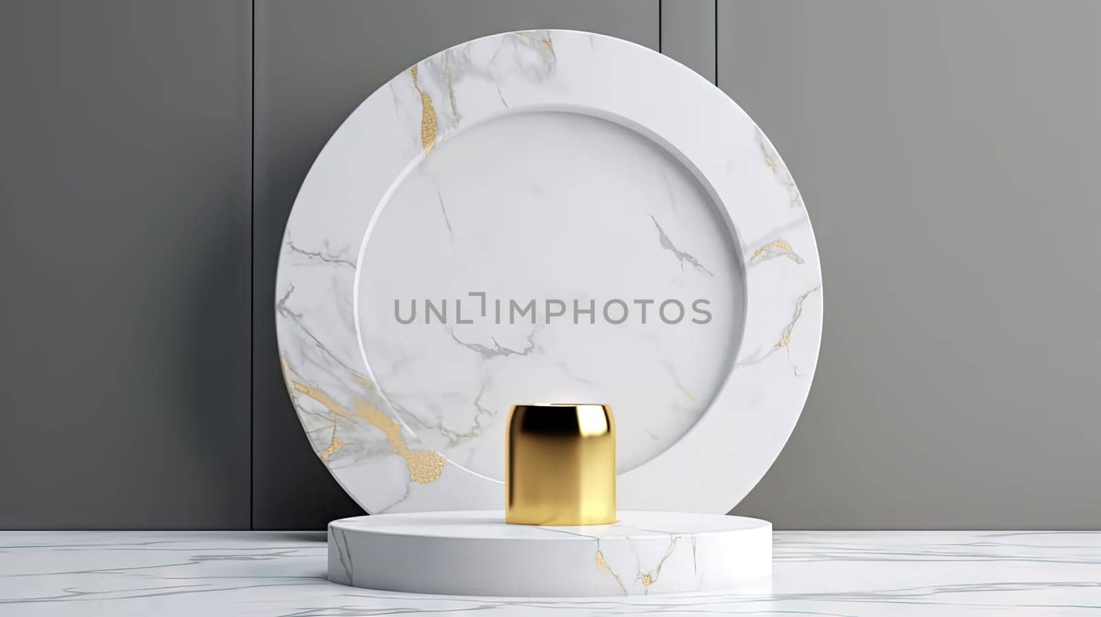 White marble pedestal with gold in the studio room, mockup stand for presentation. Generated AI