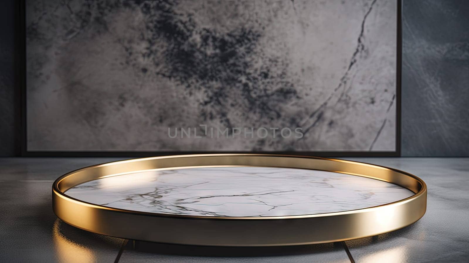 White marble pedestal with gold in the studio room, mockup stand for presentation. Generated AI