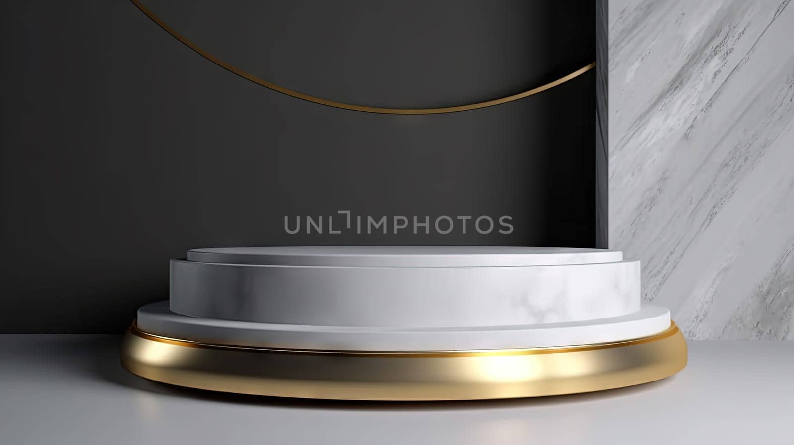 White marble pedestal with gold in the studio room, mockup stand for presentation. Generated AI