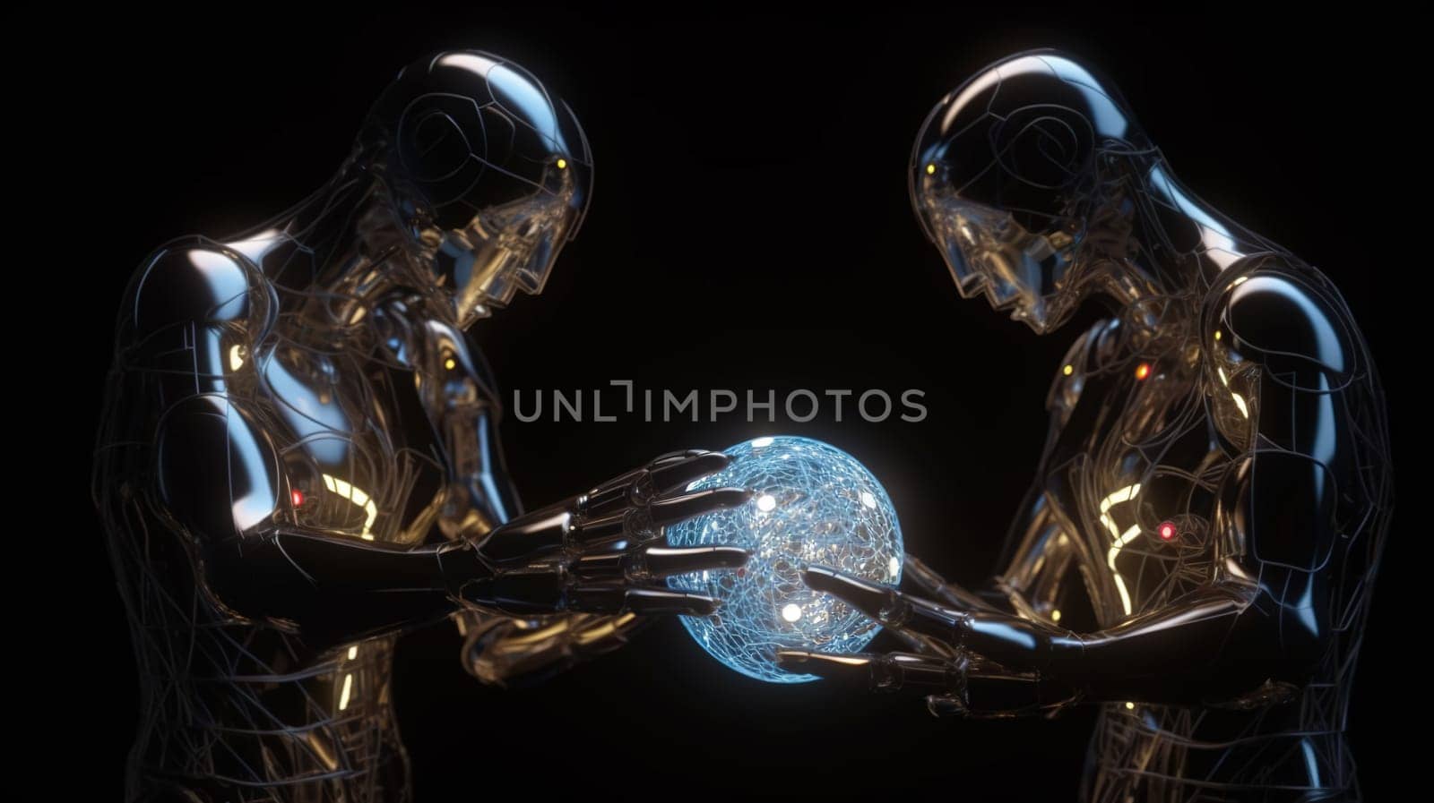 Couple of robots in romantic conversation. AI technology and innovation in a futuristic virtual environment. Generated AI