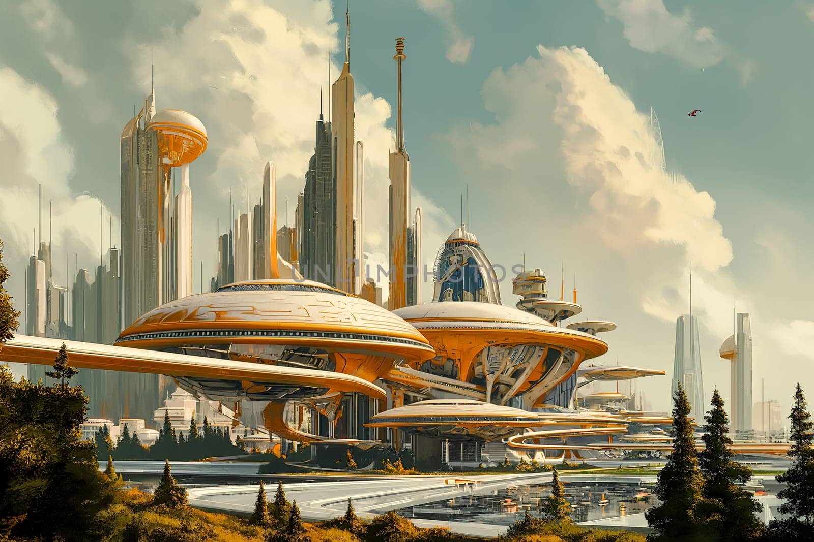 Retrofuturistic landscape in mid-century sci-fi style. Retro science fiction scene with futuristic city buildings. Generated AI