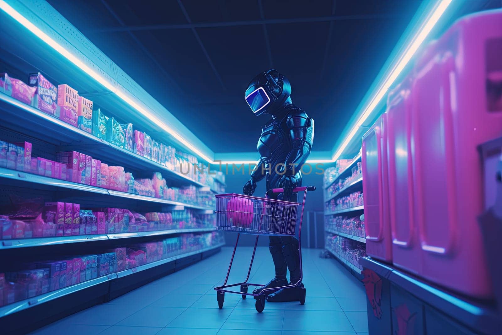 Robot ordering fresh fruits and vegetables in a synthwave styled supermarket with neon lights, future retail and delivery technology. Generated AI