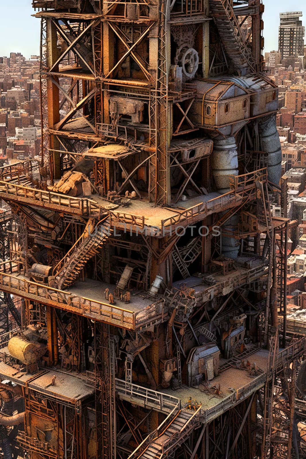 Rusty industrial constructions over decayed city. Post-apocalyptic sci-fi landscape with city ruins. Generated AI