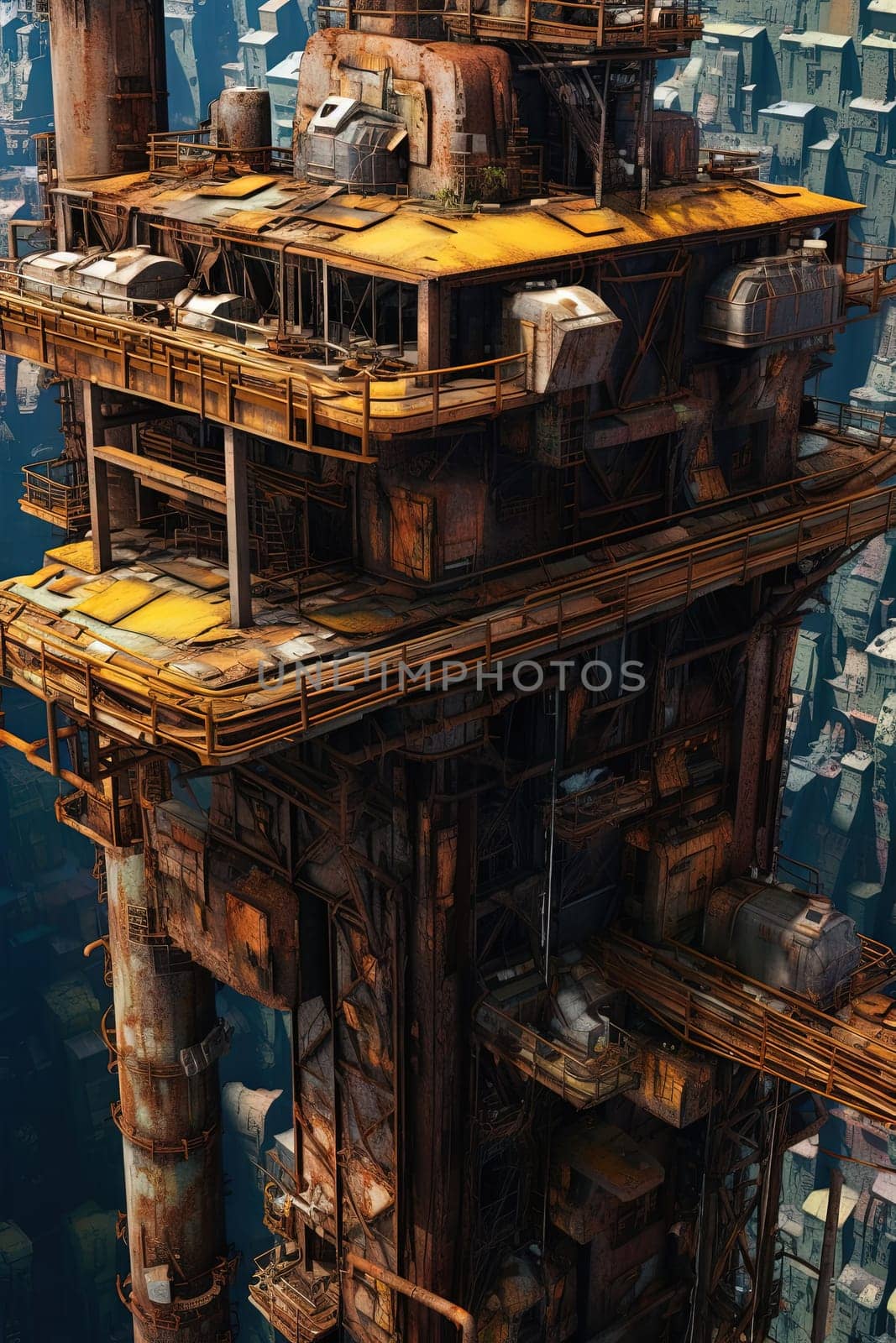 Rusty industrial constructions over decayed city. Post-apocalyptic sci-fi landscape with city ruins. Generated AI