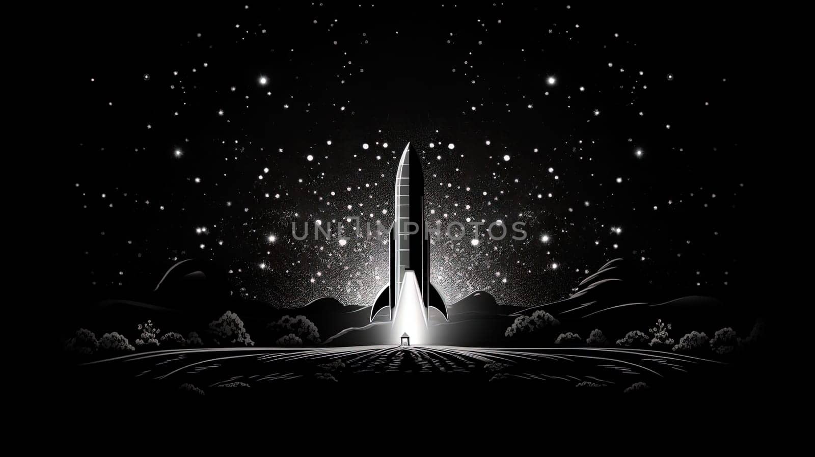 Rocket launch scene in retro black and white style. Rocket take off illustration. Generated AI