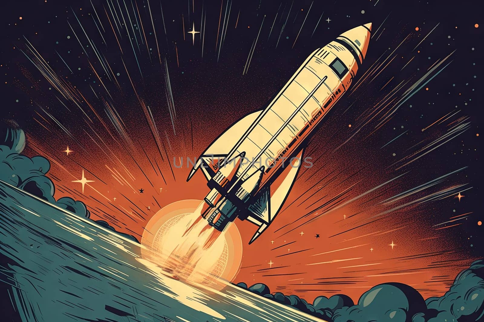 Rocket takeoff in retro style. Vintage space rocket start with fire and smoke. Generated AI