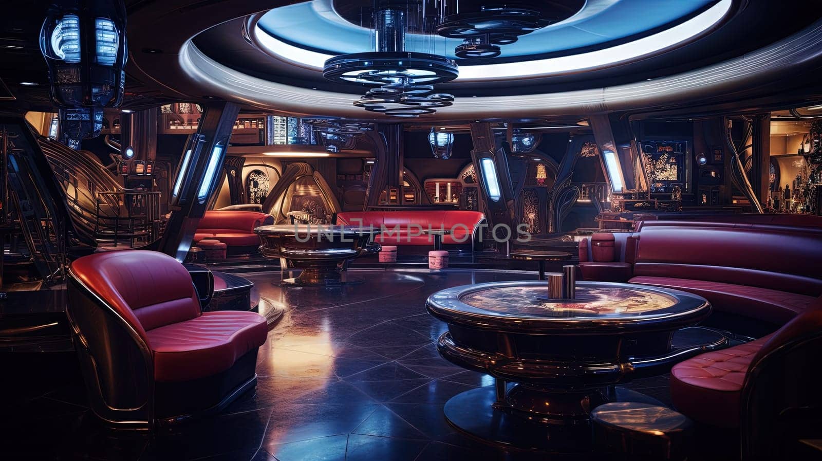 Sci-fi interior of futuristic space bar or saloon with neon cyberpunk decorations. Generated AI