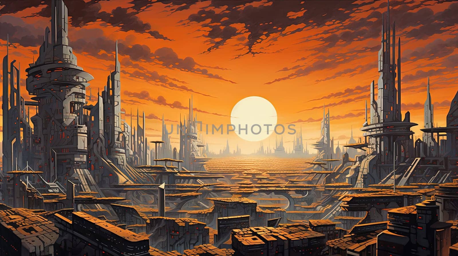 Futuristic cityscape scene with tall buildings and a long, empty street. Abstract sci-fi background. Generated AI.